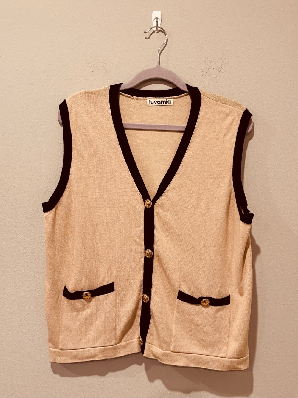 Luvamia Beige Knit Sweater Vest Black Trim Gold Buttons 2XL Preppy Work Casual